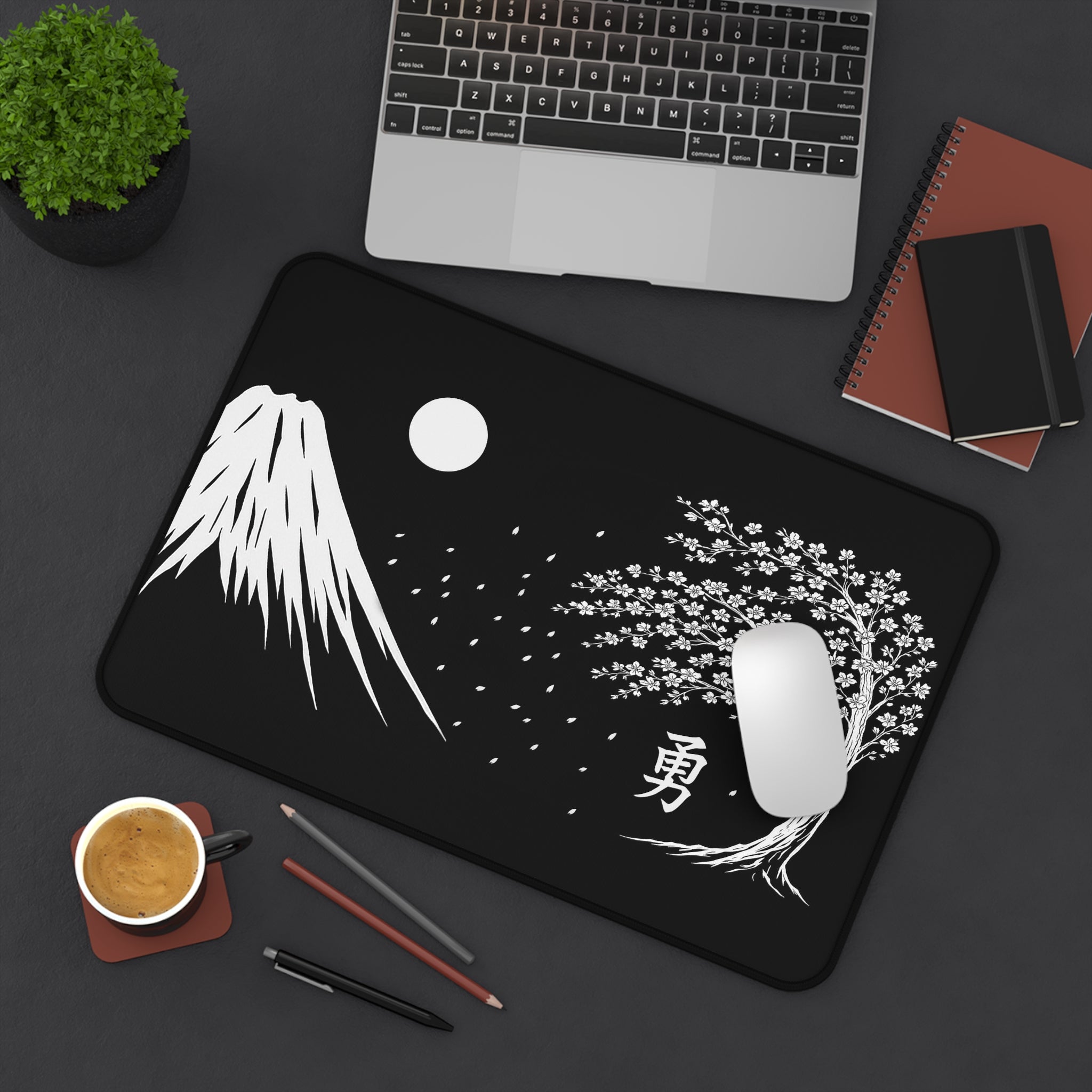 Japanese Zen Desk Mat, Peaceful Workspace Decor, Office Gift, Mount Fuji, Sakura Tree Design