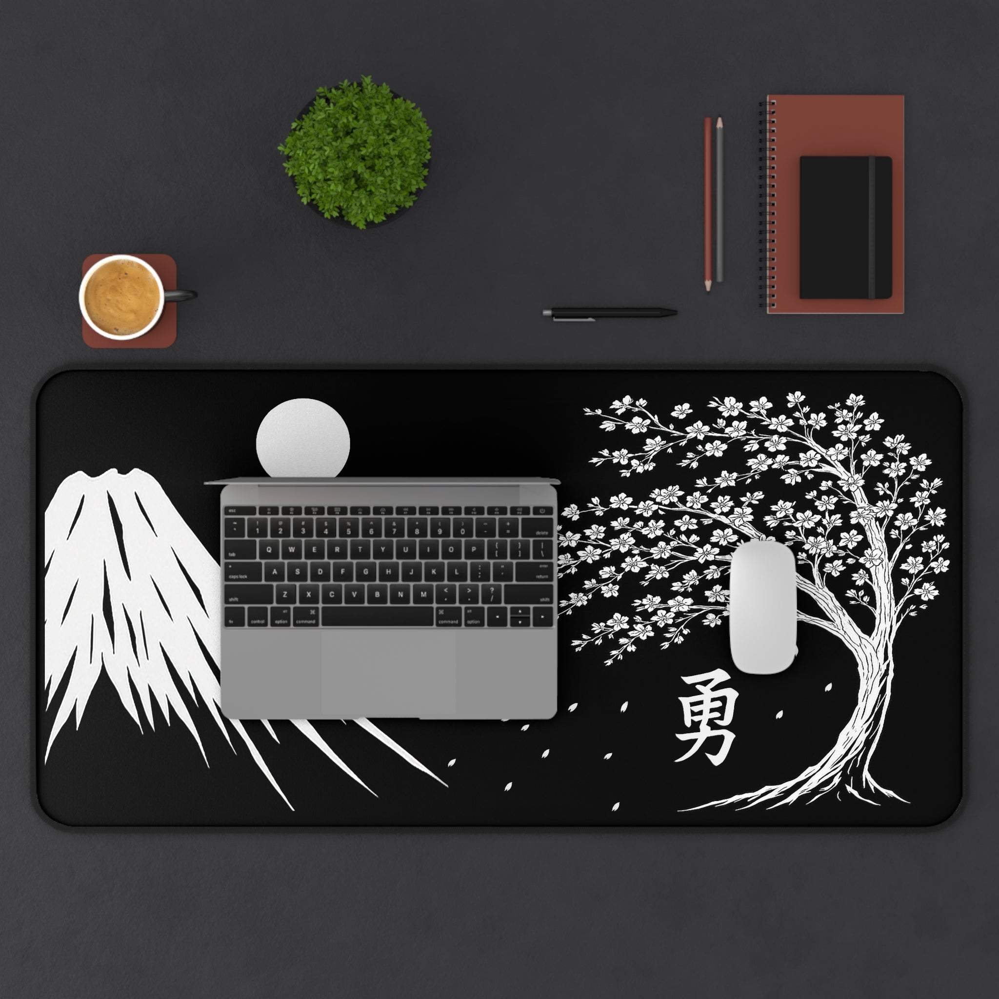 Japanese Zen Desk Mat, Peaceful Workspace Decor, Office Gift, Mount Fuji, Sakura Tree Design