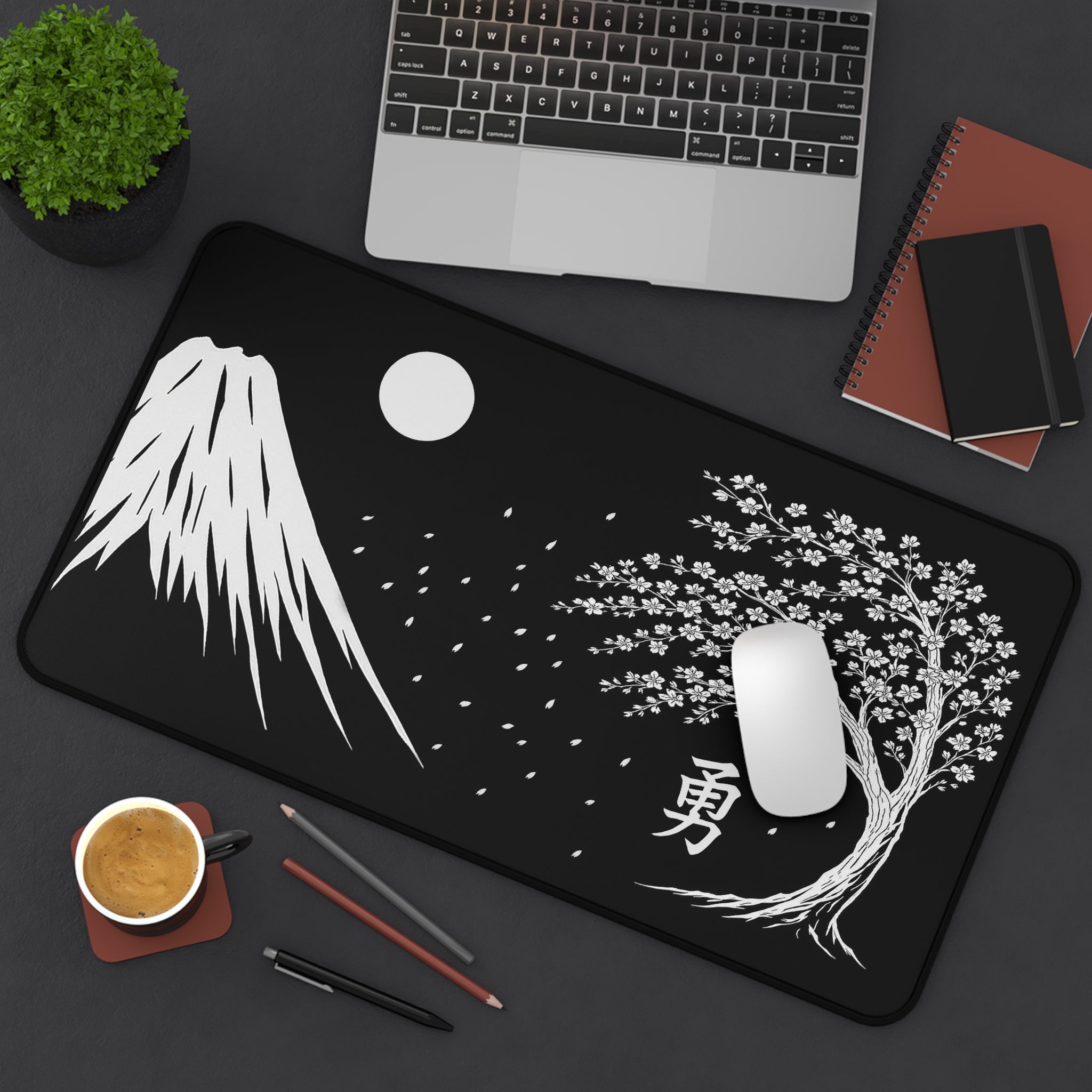 Japanese Zen Desk Mat, Peaceful Workspace Decor, Office Gift, Mount Fuji, Sakura Tree Design