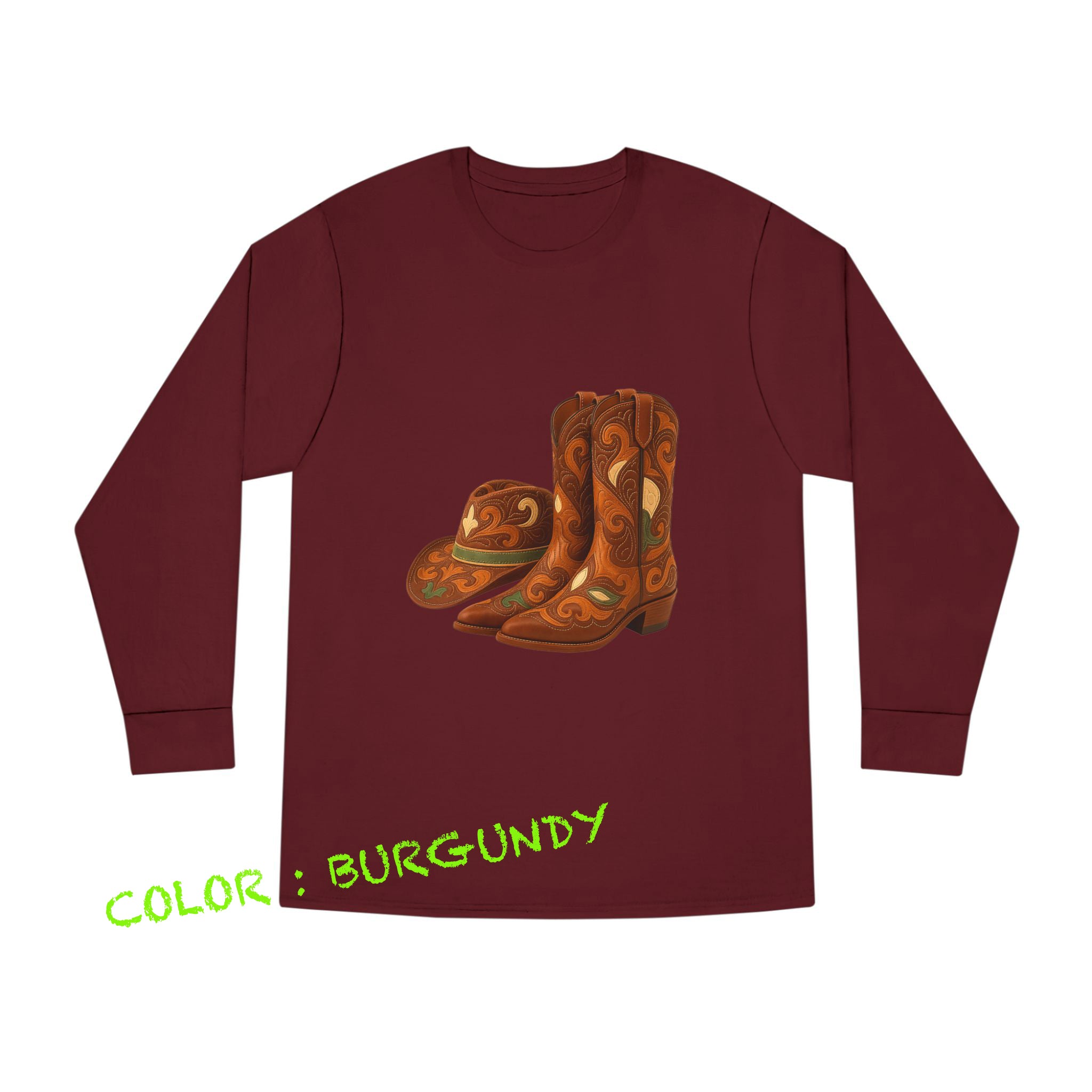 Rustic Cowboy Boots-Cowboy Hat Long Sleeve Round Neck T-Shirt - Western Style