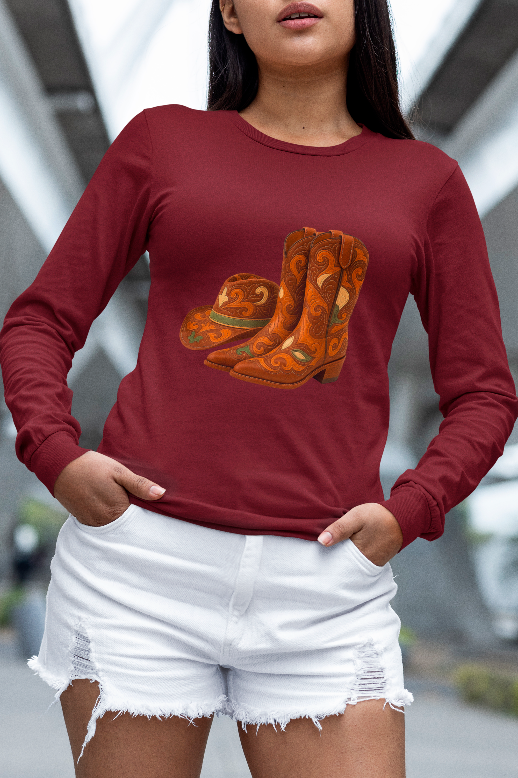 Rustic Cowboy Boots-Cowboy Hat Long Sleeve Round Neck T-Shirt - Western Style