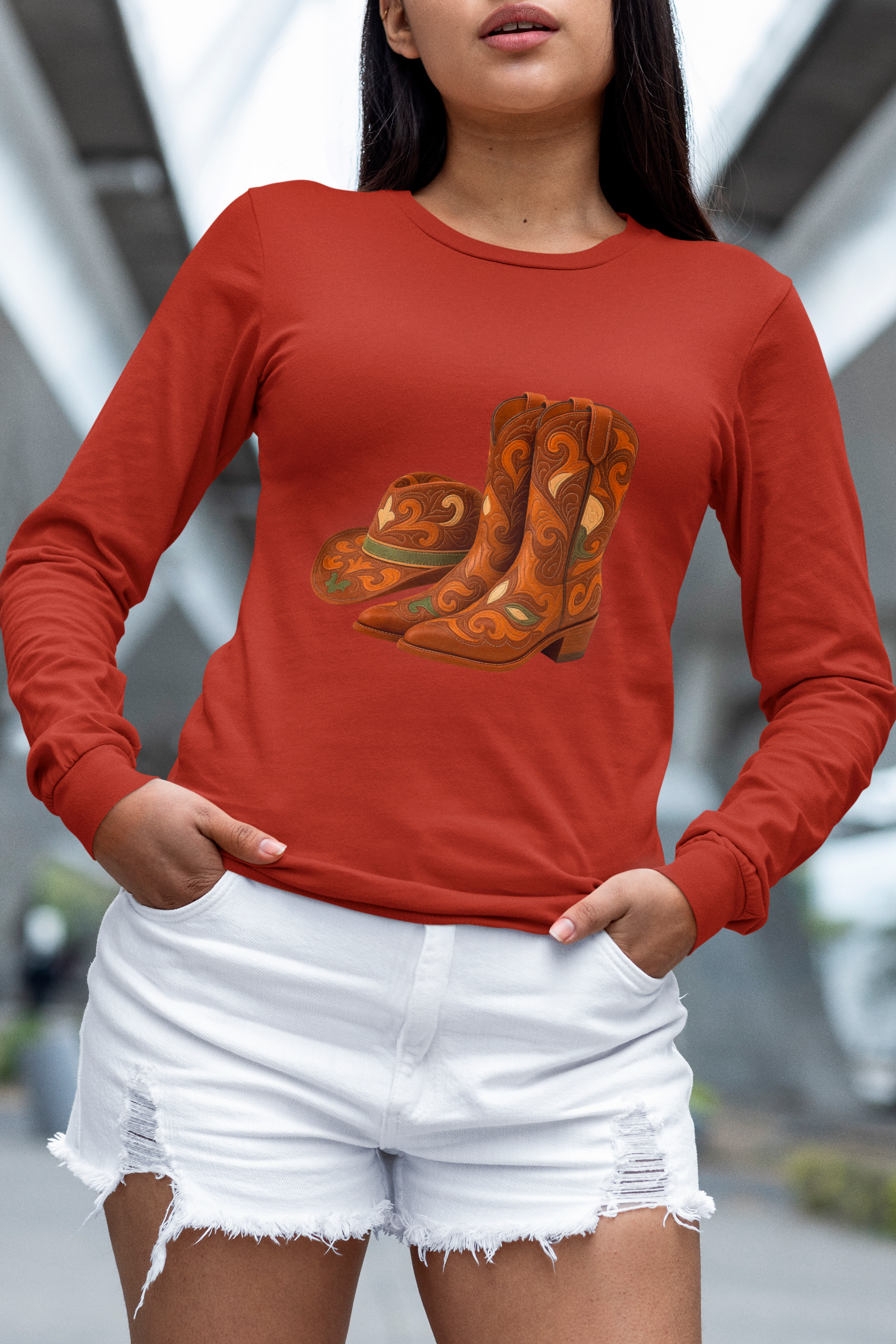 Rustic Cowboy Boots-Cowboy Hat Long Sleeve Round Neck T-Shirt - Western Style
