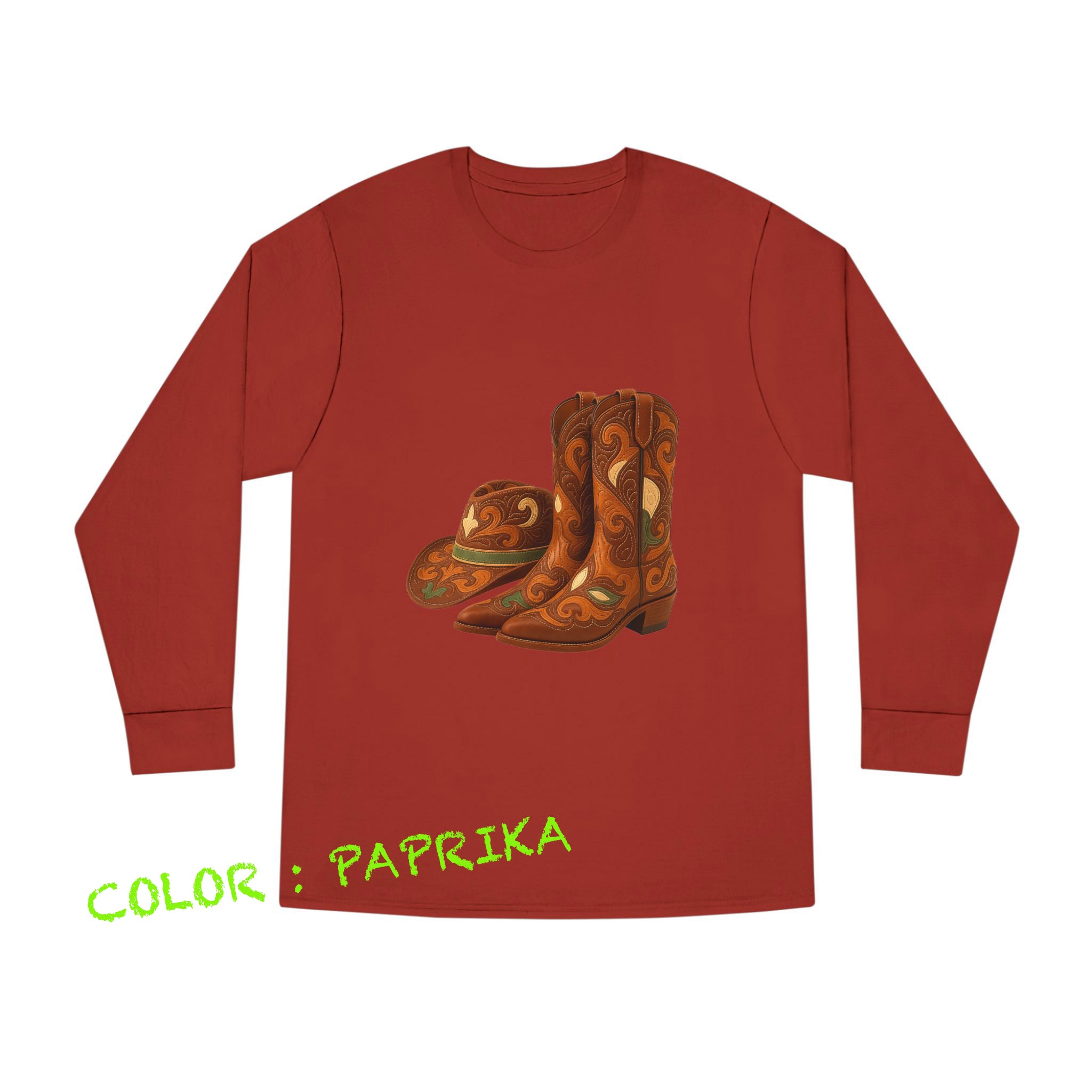 Rustic Cowboy Boots-Cowboy Hat Long Sleeve Round Neck T-Shirt - Western Style