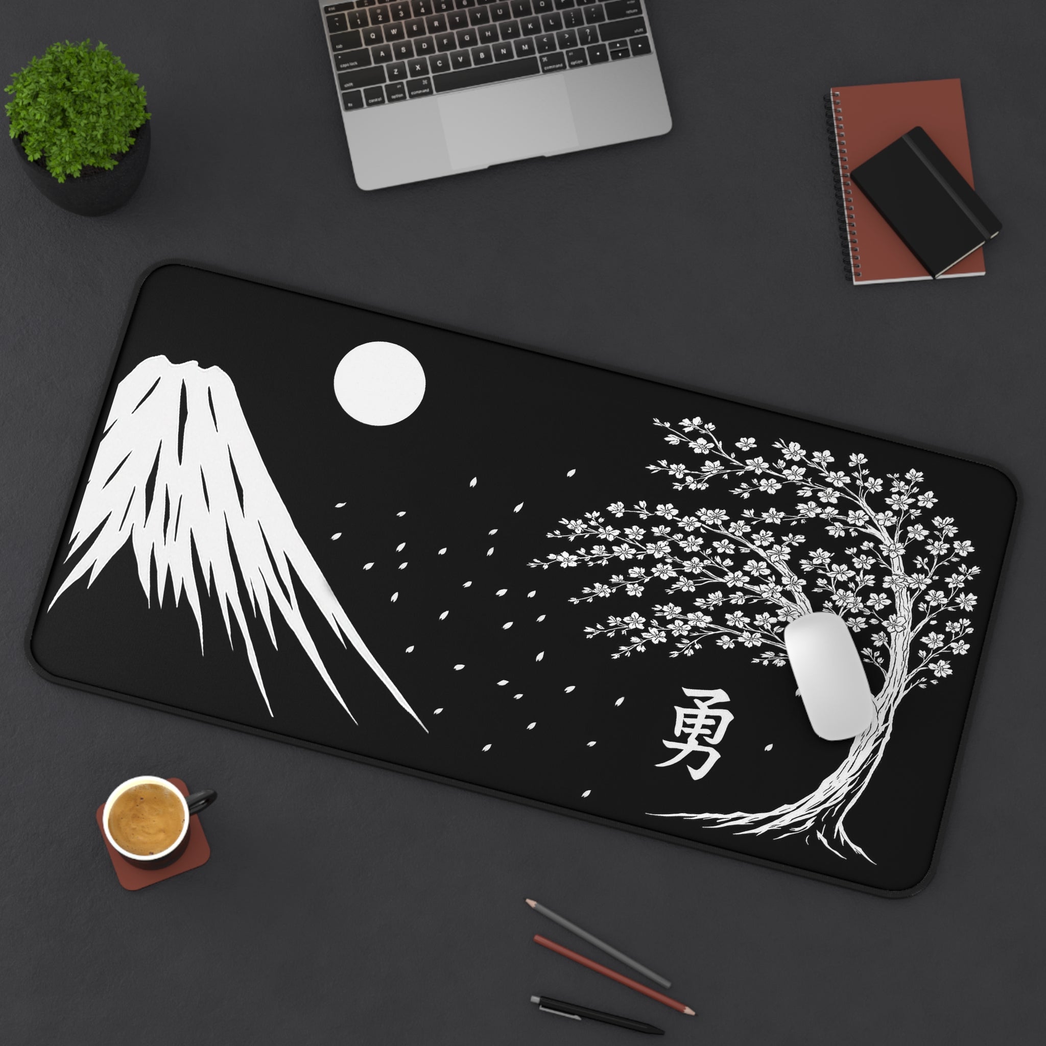 Japanese Zen Desk Mat, Peaceful Workspace Decor, Office Gift, Mount Fuji, Sakura Tree Design