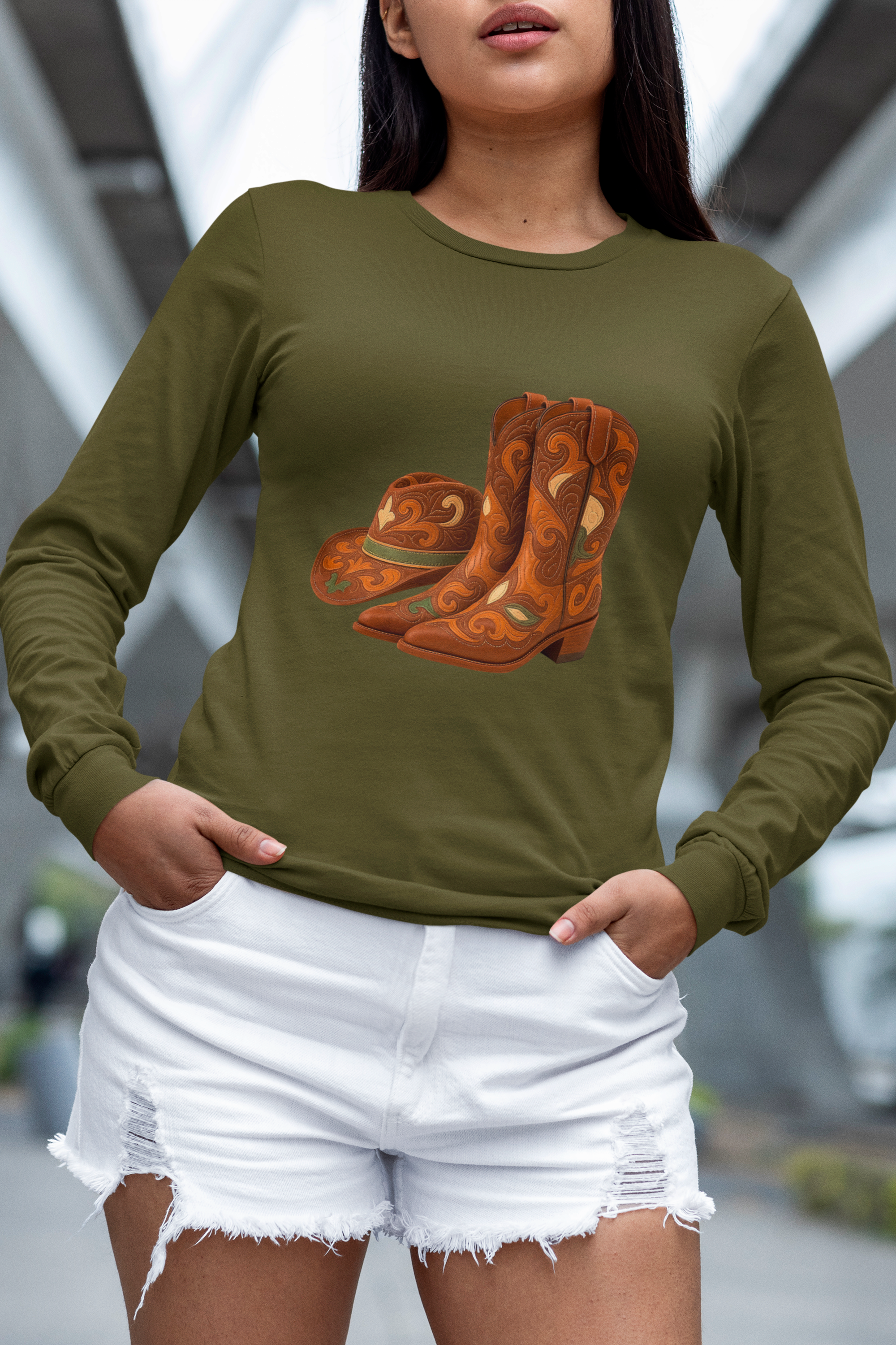Rustic Cowboy Boots-Cowboy Hat Long Sleeve Round Neck T-Shirt - Western Style