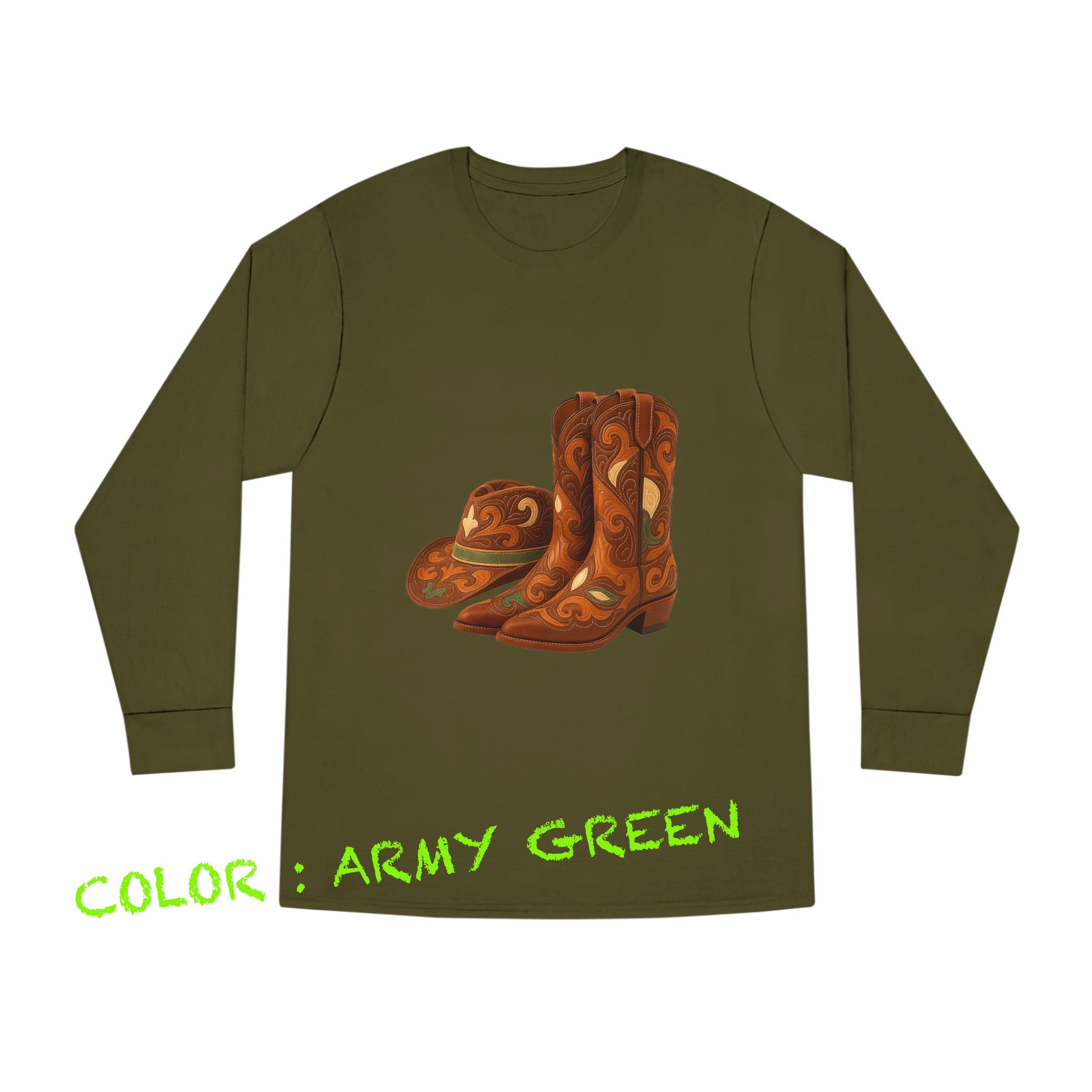 Rustic Cowboy Boots-Cowboy Hat Long Sleeve Round Neck T-Shirt - Western Style