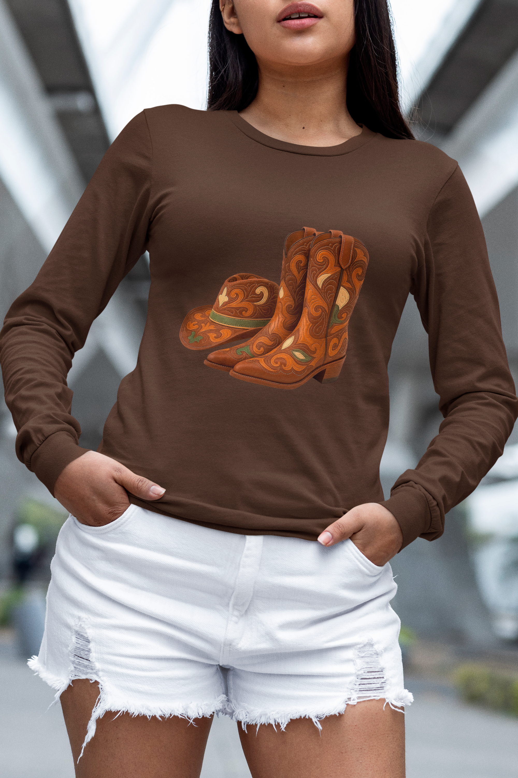 Rustic Cowboy Boots-Cowboy Hat Long Sleeve Round Neck T-Shirt - Western Style
