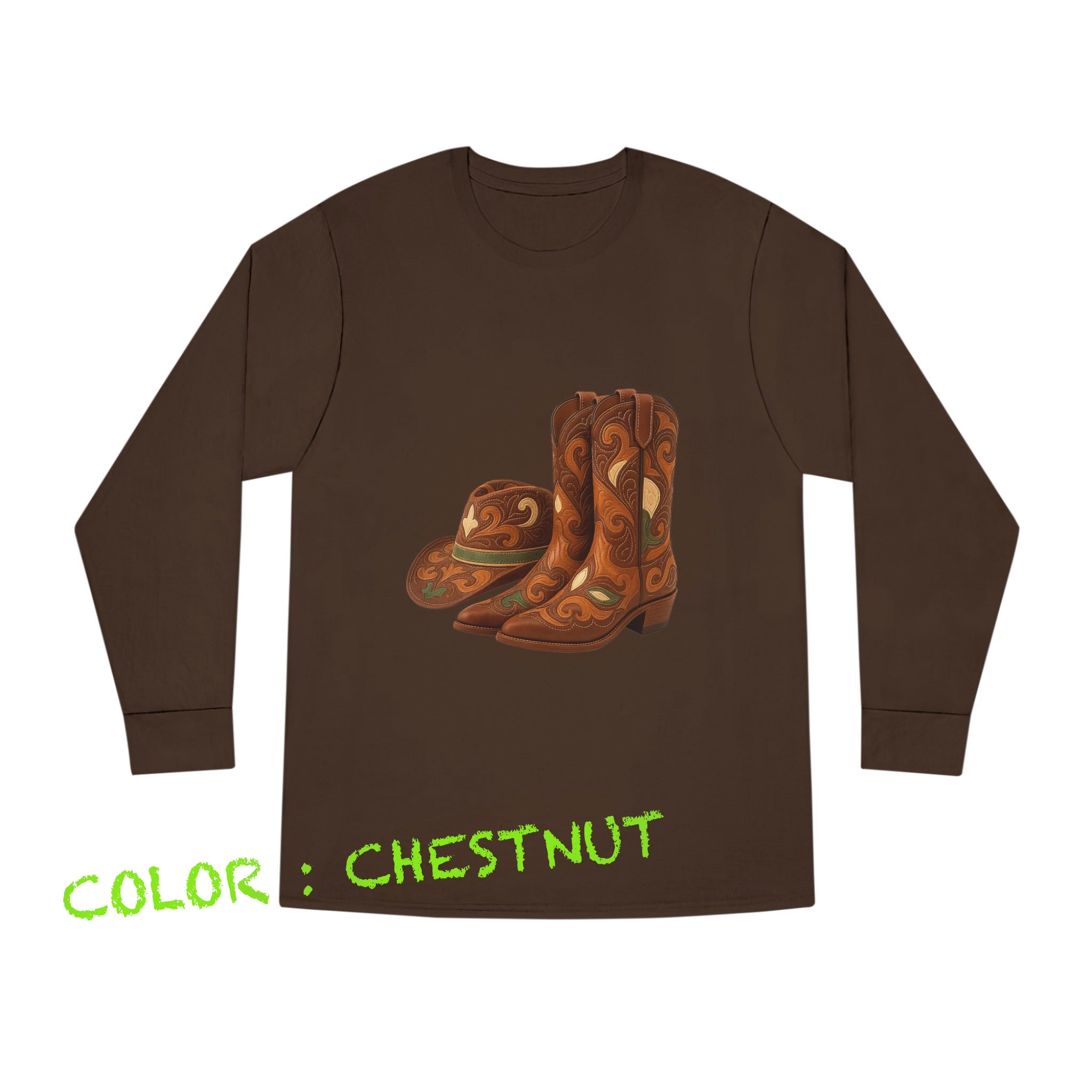 Rustic Cowboy Boots-Cowboy Hat Long Sleeve Round Neck T-Shirt - Western Style