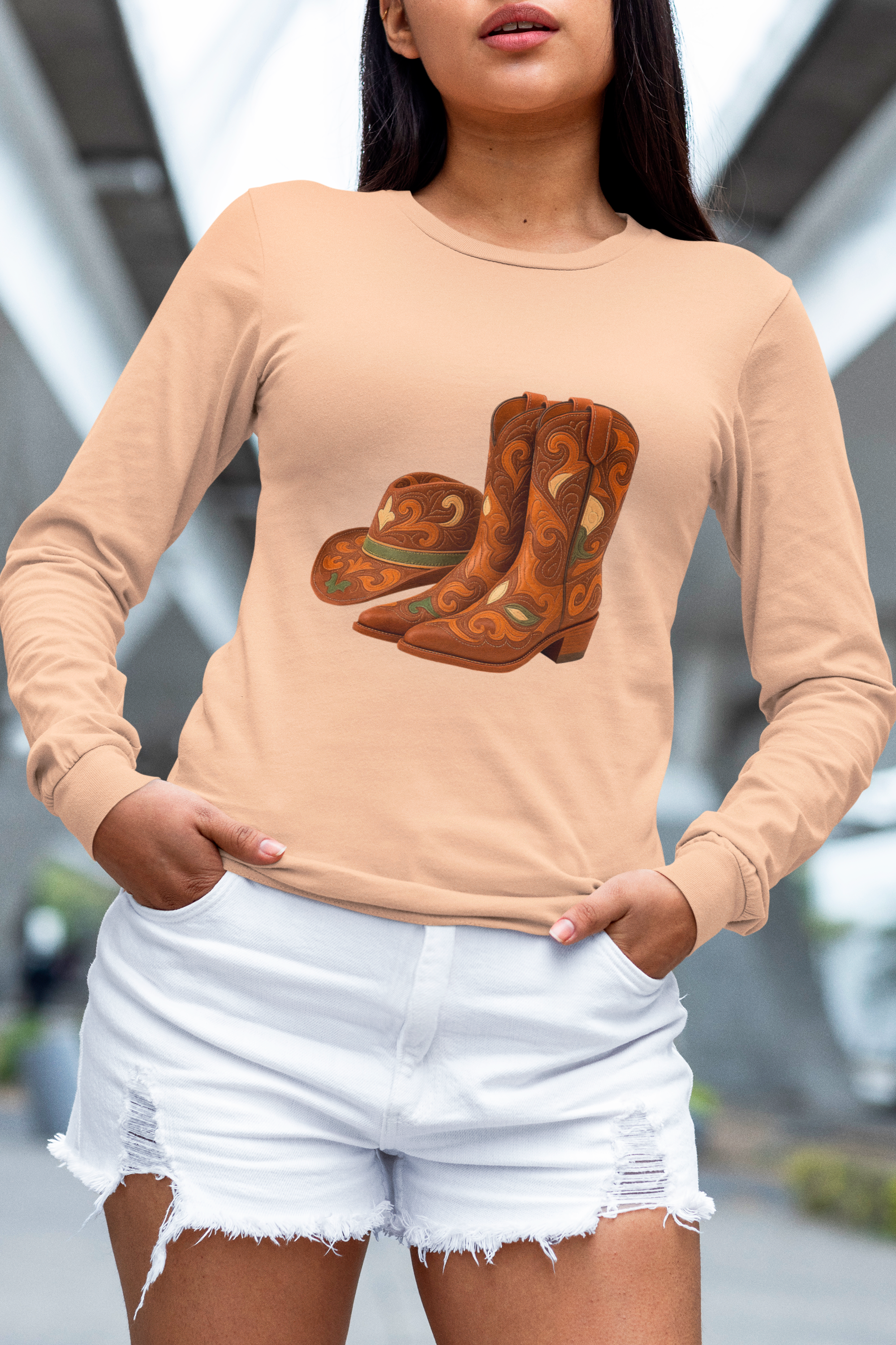 Rustic Cowboy Boots-Cowboy Hat Long Sleeve Round Neck T-Shirt - Western Style