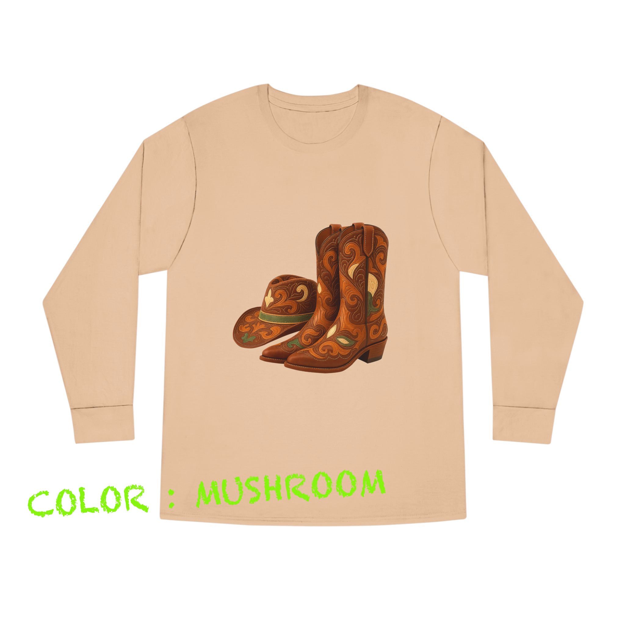 Rustic Cowboy Boots-Cowboy Hat Long Sleeve Round Neck T-Shirt - Western Style