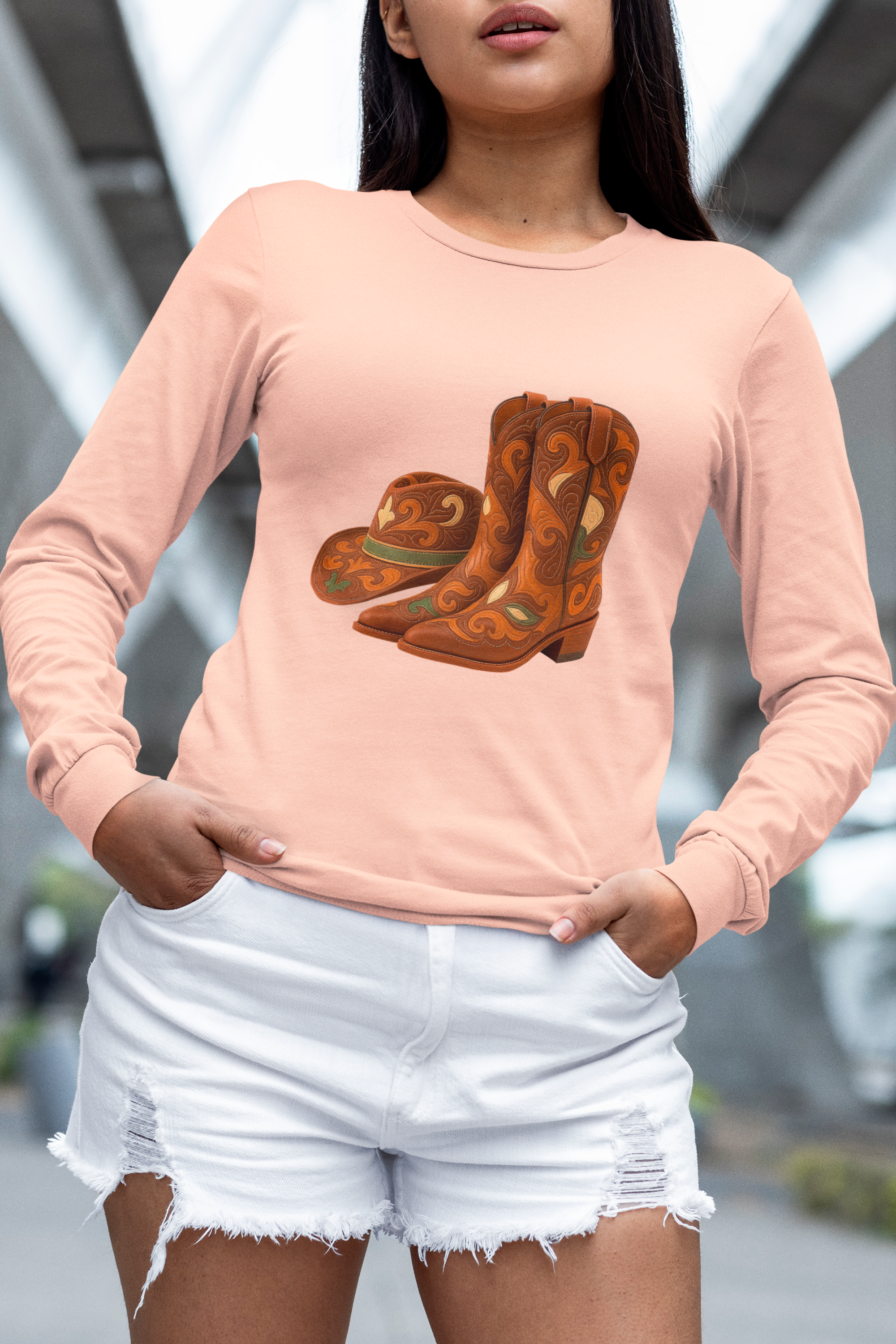 Rustic Cowboy Boots-Cowboy Hat Long Sleeve Round Neck T-Shirt - Western Style