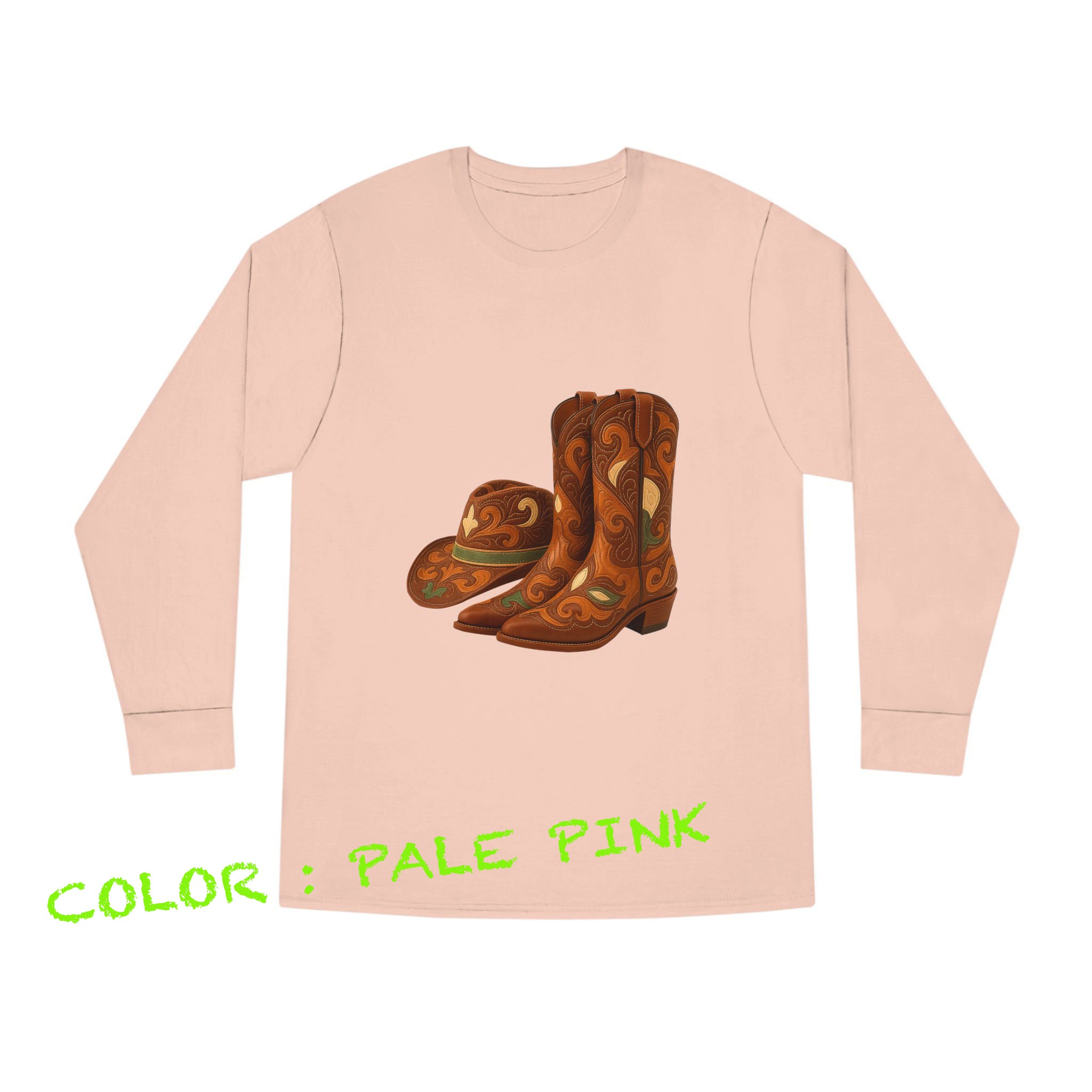 Rustic Cowboy Boots-Cowboy Hat Long Sleeve Round Neck T-Shirt - Western Style
