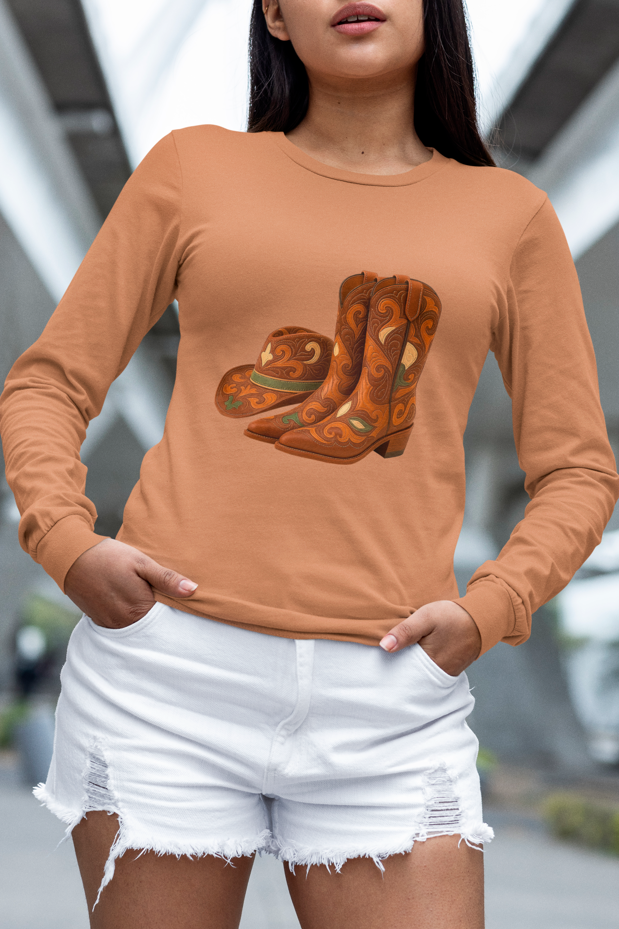 Rustic Cowboy Boots-Cowboy Hat Long Sleeve Round Neck T-Shirt - Western Style