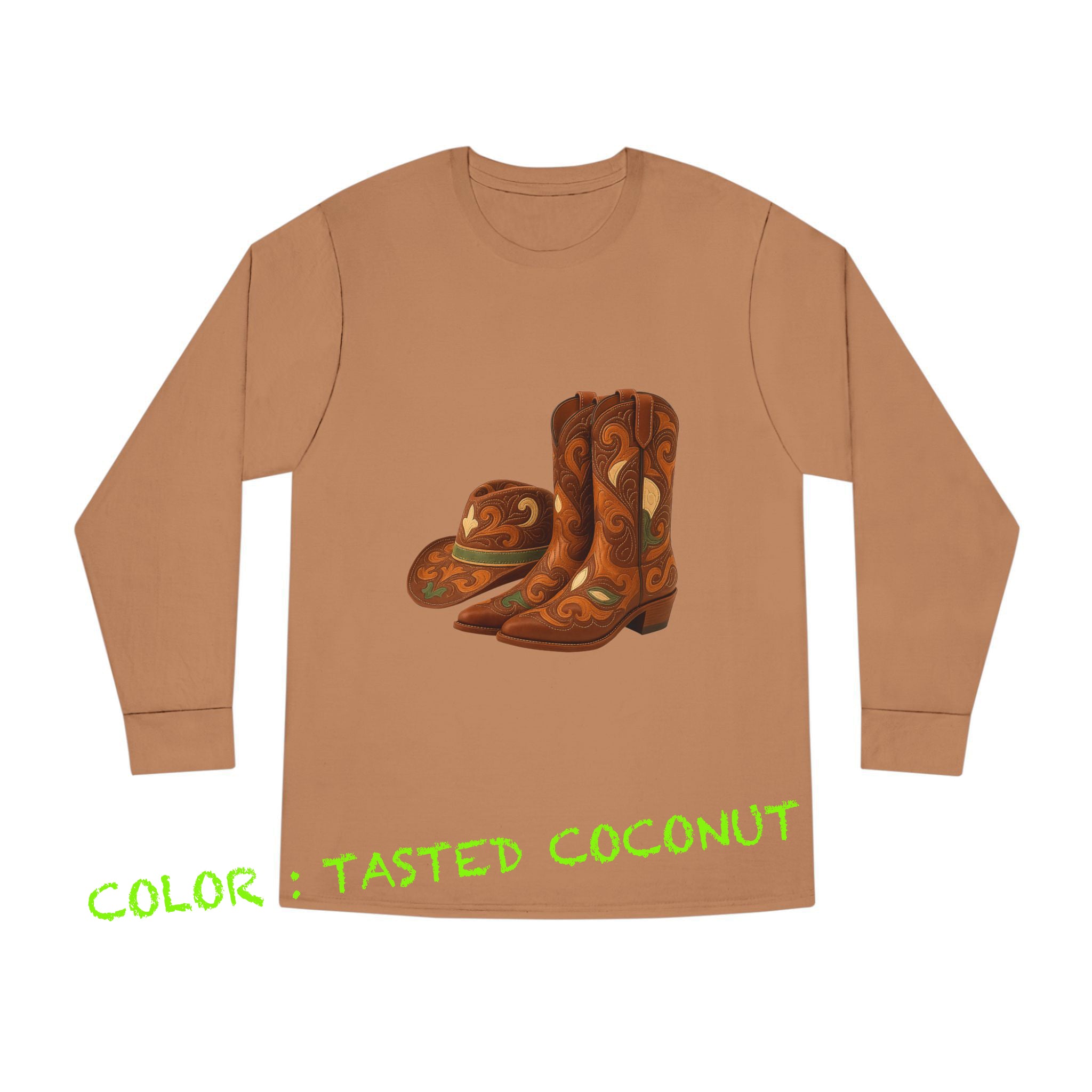 Rustic Cowboy Boots-Cowboy Hat Long Sleeve Round Neck T-Shirt - Western Style