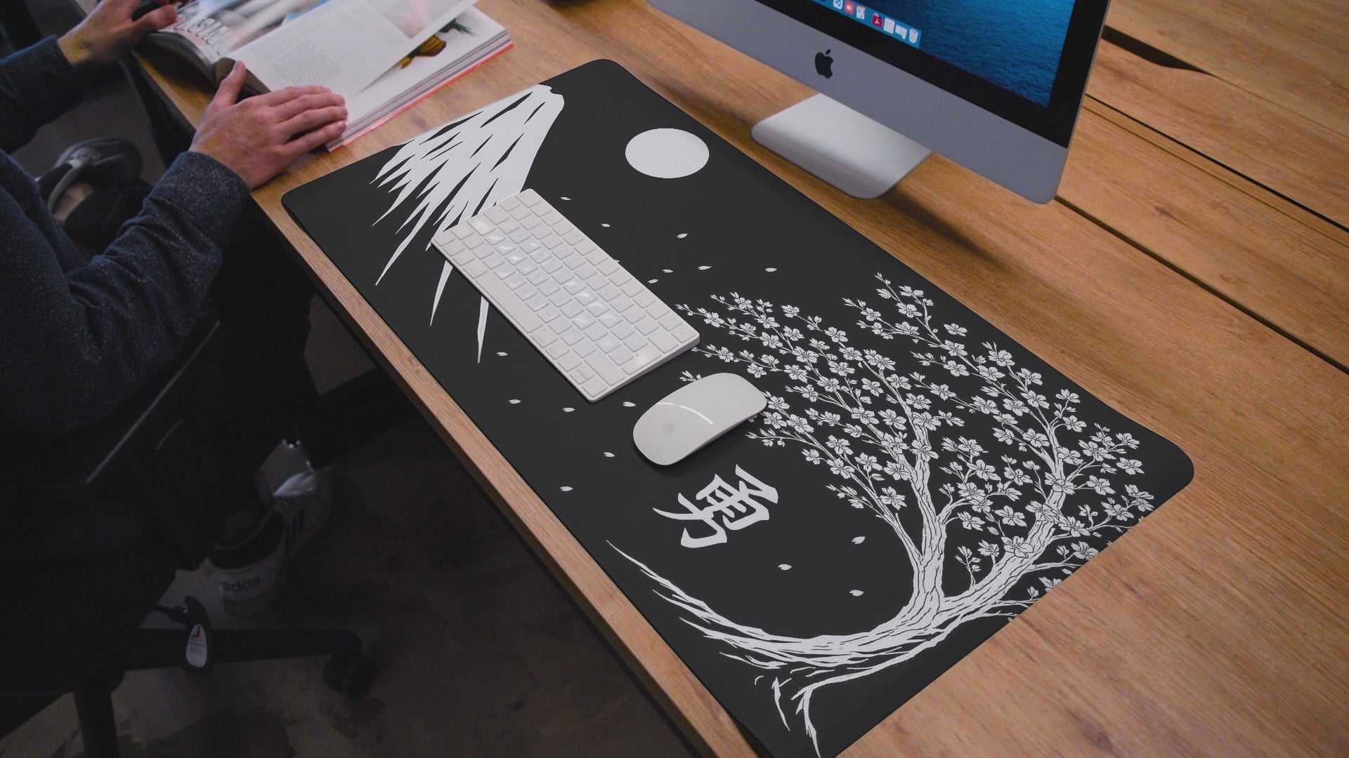 Japanese Zen Desk Mat, Peaceful Workspace Decor, Office Gift, Mount Fuji, Sakura Tree Design