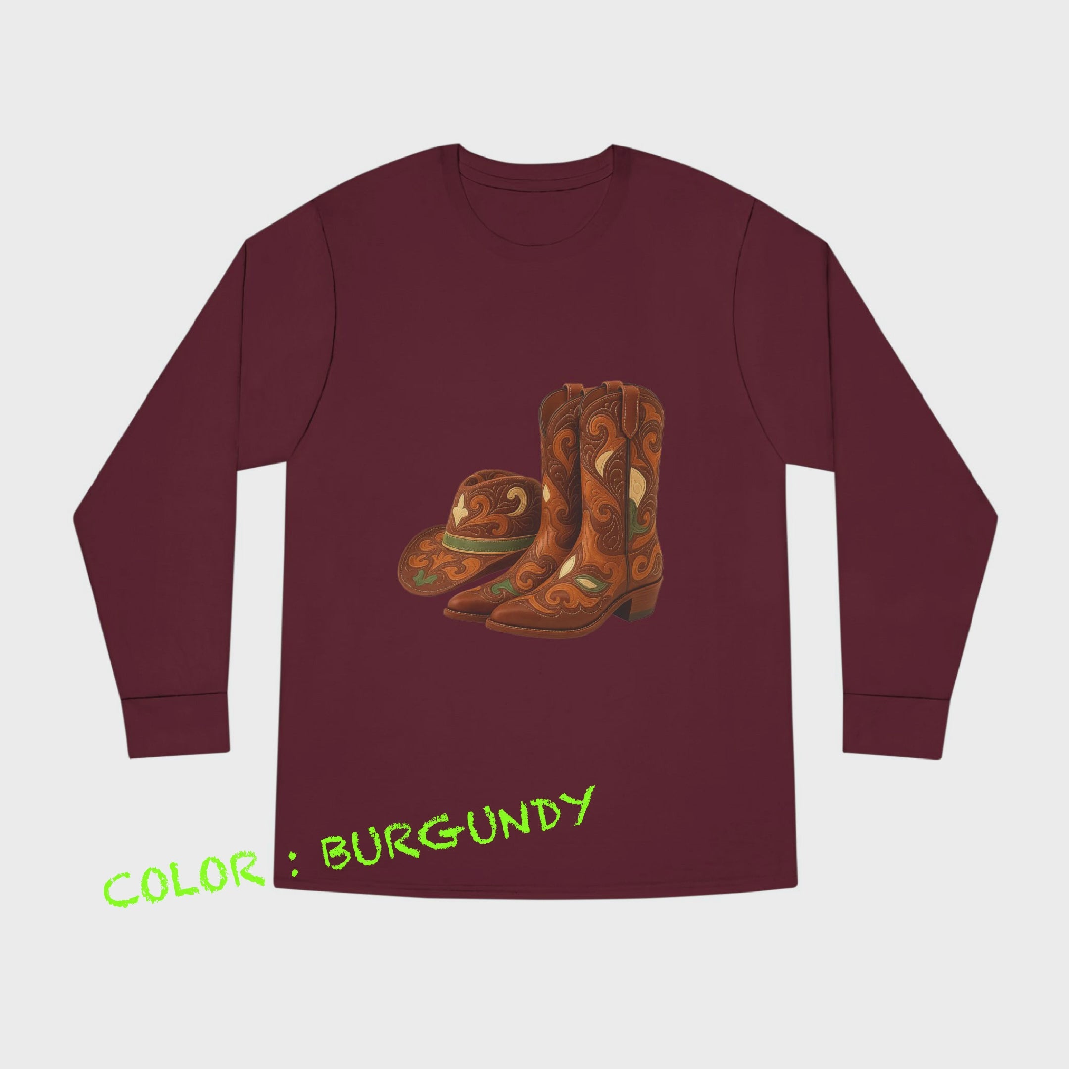 Rustic Cowboy Boots-Cowboy Hat Long Sleeve Round Neck T-Shirt - Western Style