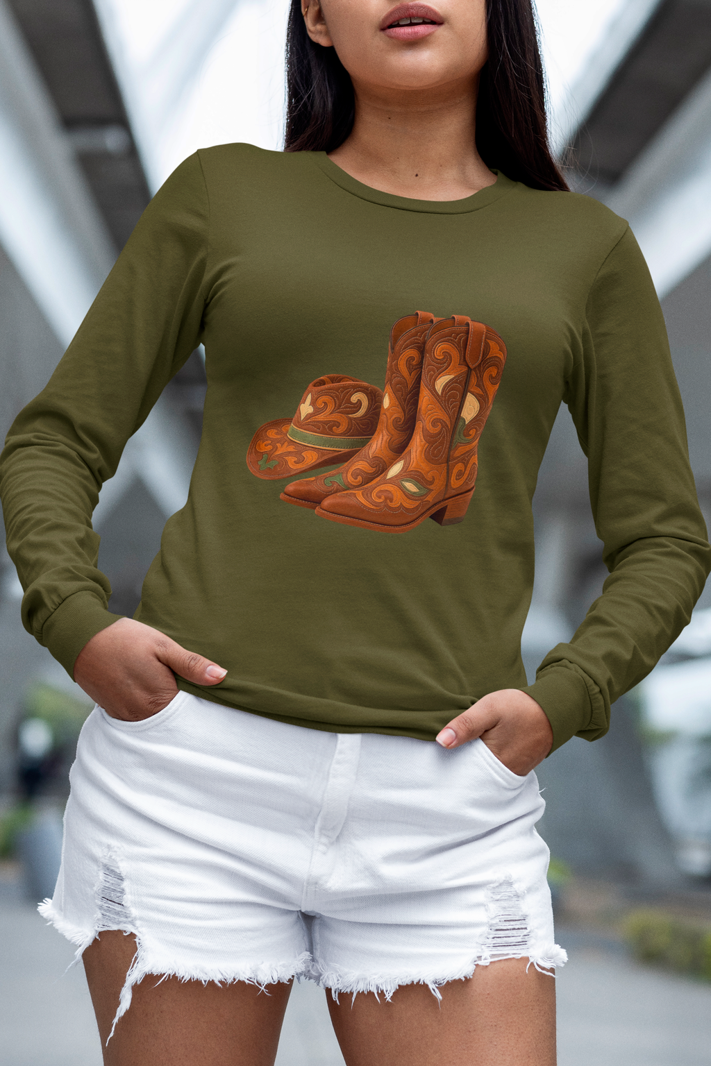 Rustic Cowboy Boots-Cowboy Hat Long Sleeve Round Neck T-Shirt - Western Style