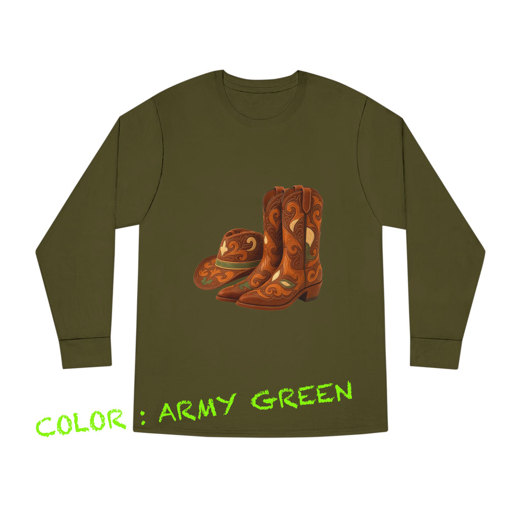 Rustic Cowboy Boots-Cowboy Hat Long Sleeve Round Neck T-Shirt - Western Style