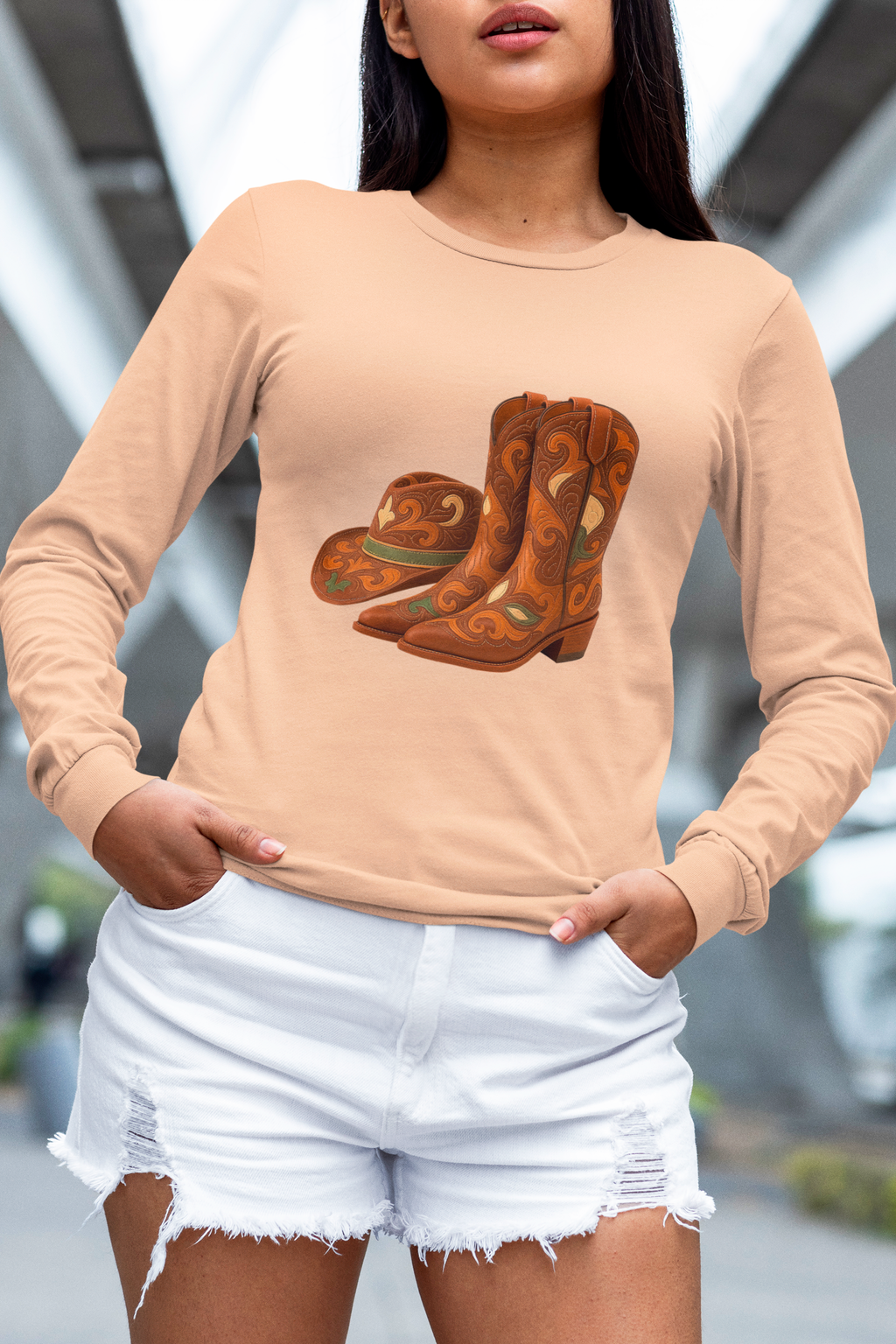 Rustic Cowboy Boots-Cowboy Hat Long Sleeve Round Neck T-Shirt - Western Style