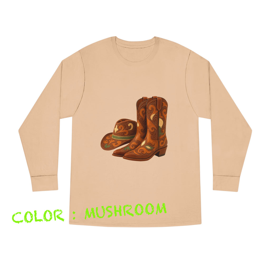 Rustic Cowboy Boots-Cowboy Hat Long Sleeve Round Neck T-Shirt - Western Style